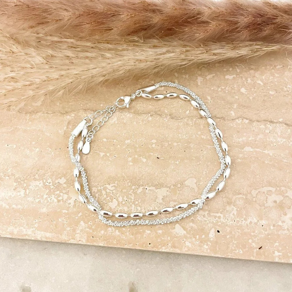 Sterling Silver Double Chain Layer Bracelet Shiny Sequin Dainty Chain Bracelet - Picture 2 of 3